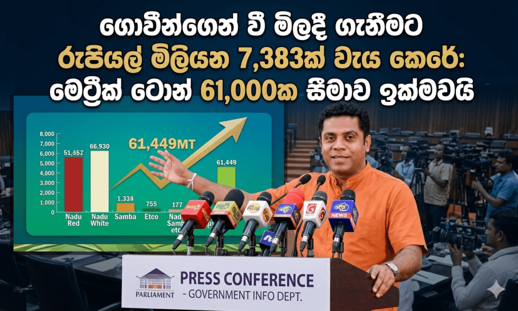 ගොවීන්ගෙන් වී මිලදී ගැනීමට රුපියල් මිලියන 7,383ක් වැය කෙරේ: මෙට්රික් ටොන් 61,000ක සීමාව ඉක්මවයි!
