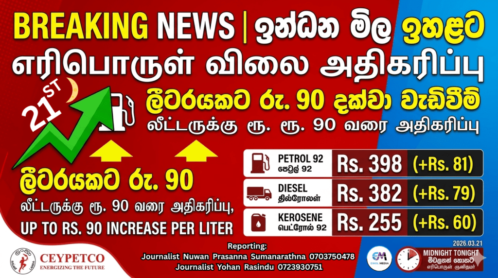 සිපෙට්කෝ ඉන්ධන මිල අද මධ්යම රාත්රියේ සිට ඉහළට