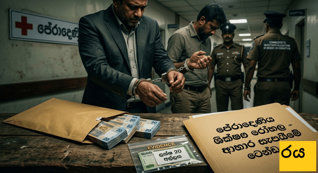 පේරාදෙණිය රෝහලේ ආහාර ටෙන්ඩරයට ලක්ෂ 20 ක අල්ලසක් අරන්: ගම්පොළ ව්යාපාරිකයෙක් ඇතුළු දෙදෙනෙක් අල්ලස් කොමිසමෙන් කොටු කරගනී!