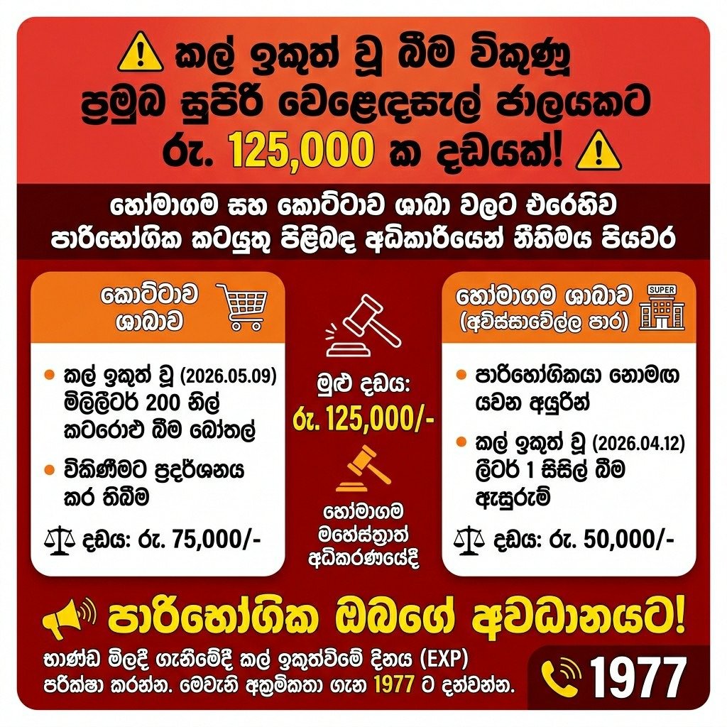 කල් ඉකුත් වූ බීම විකුණූ ප්රමුඛ සුපිරි වෙළෙඳසැල් ජාලයකට අධිකරණයෙන් රු. 125,000ක දඩයක්!