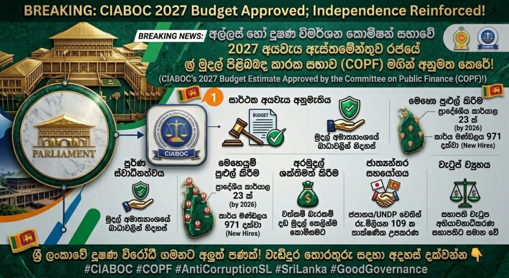 අල්ලස් කොමිසමට පූර්ණ ස්වාධීනත්වයක්! 2027 අයවැය ඇස්තමේන්තුවට පාර්ලිමේන්තු අනුමැතිය!