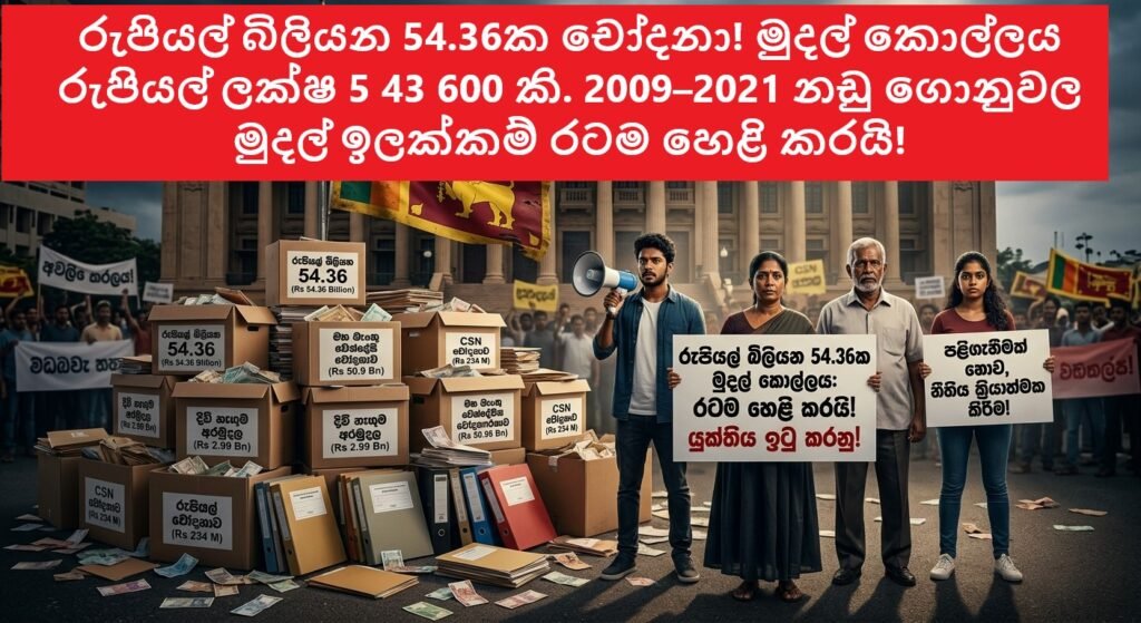 රුපියල් බිලියන 54.36ක චෝදනා! මුදල් කොල්ලය රුපියල් ලක්ෂ 5 43 600 කි. 2009–2021 නඩු ගොනුවල මුදල් ඉලක්කම් රටම හෙළි කරයි!රුපියල් බිලියන 50.9ක් මහ බැංකු චෝදනාවකට – රුපියල් බිලියන 2.99ක් දිවි නැගුමෙන් – මිලියන 234ක් CSN සිද්ධියට..!